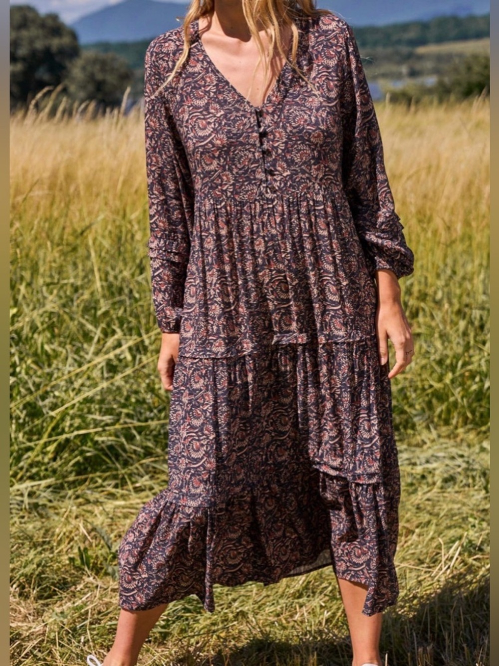 Faherty Isabella Floral Long Sleeve Block Print Midi Dress Size Small